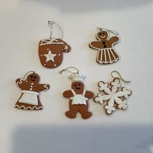 5 Gingerbread Looking Christmas Ornaments Brown White Man Woman Snowflake